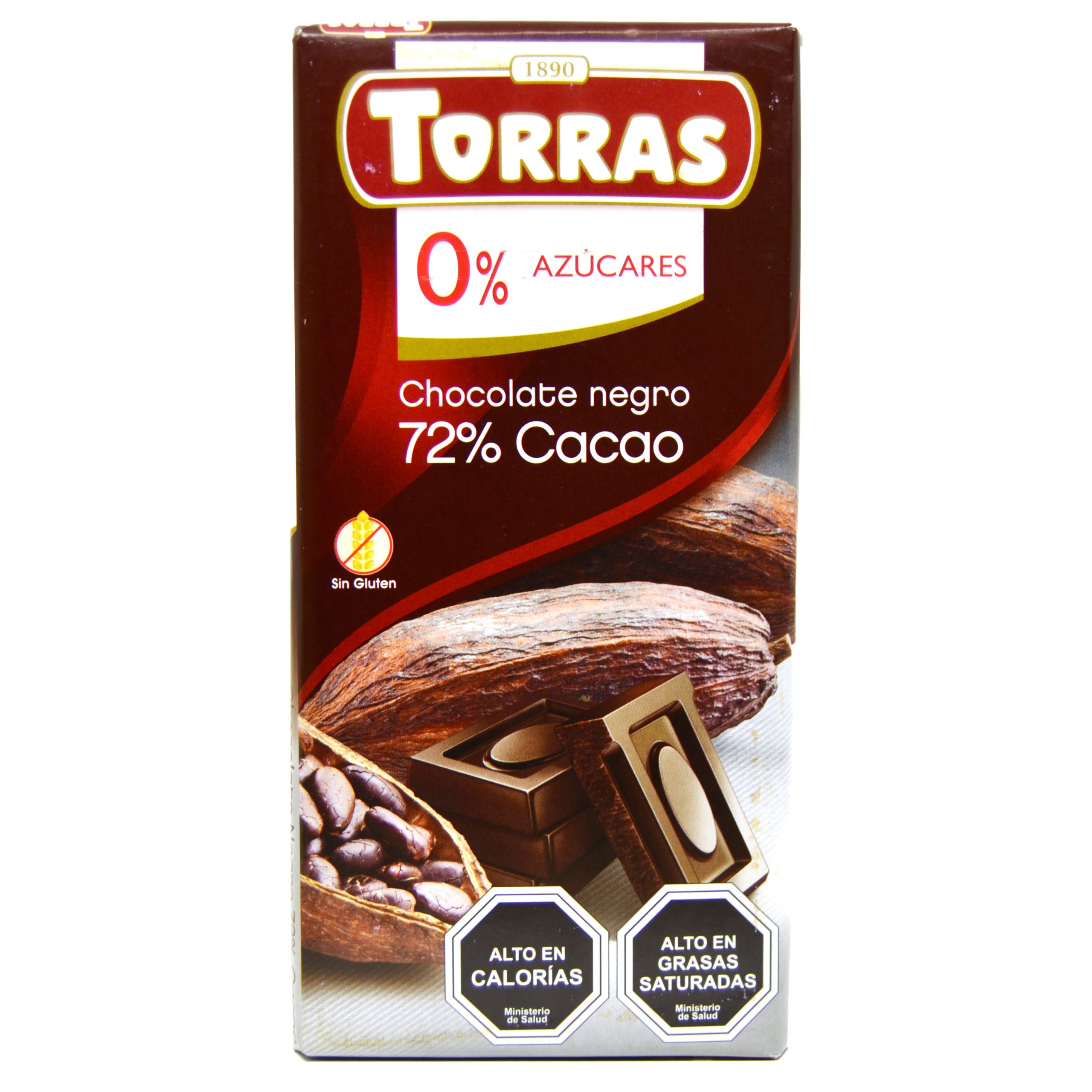 Chocolate 72% cacao, sin gluten, sin azúcar (75 gr.) Torras